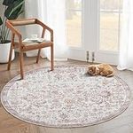 jinchan Round Rug 5ft Area Rug Vintage Rug Indoor Thin Rug Retro Accent Rug Distressed Carpet Red Multi Floral Print Circle Rug 5' Round Boho Rug Non Slip Kitchen Bedroom Living Room Dining Room