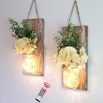 Besuerte Rustic Wall Decor, Modern Farmhouse Decor Living Room, Country Wall Decor for Home, Bedroom, Kitchen with Led Fairy Lights & Rose Flowers, Wall Art Set of 2, XL Brown