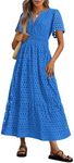 PRETTYGARDEN Womens 2025 Summer Maxi Dress Short Sleeve V Neck Hollow Out Eyelet A Line Long Flowy Beach Vacation Dresses (Blue,Medium)