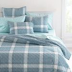 MARTHA STEWART Jamie Plaid Blue Queen Quilt Set - 3 Piece, 100% Organic Cotton Bedspread, Reversible, Cool, Percale Weave, Soft & Lightweight Quilt, 1 Summer Quilt, 2 Pillow Shams