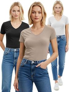 Emmalise Women's Plain Short Sleeve V Neck T Shirt(3P-Blk/Taupe/Wht-1X)