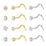 NIUSIMAN Nose Stud Gold 18G Corkscrew Nose Stud Screw Bar with Heart Cubic Zirconia Surgical Steel Nose Stud Silver 8PCS Small Thin Nose Piercing Studs Ring Jewelry for Women Men