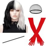 TANTAKO® 14'' Women Black White Cosplay Wigs with Long Red Gloves and Cigarette Holder (Combination-B)