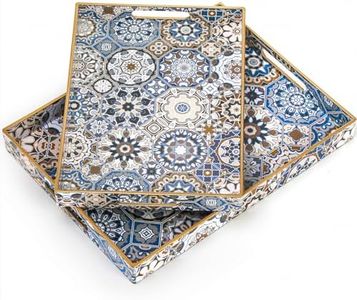 Hiceeden Set of 2 Decorative Serving Trays with Handles, Boho Tea Trays Ottoman Trays for Serving, Modern Plastic Coffee Table Tray for Living Room, Kitchen, Bathroom, Rectangle, Blue