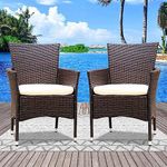 DEVOKO Outdoor 2 Piece Weather-Resistant HDPE Rattan & Wicker Dining Chair Set for Garden, Pool, Patio Soft Washable Cushion Furniture (Dark Brown & Off-White)