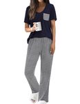 Ekouaer Pajama Sets For Women 2 Piece Short Sleeve Pj Sets With Long Printed Pants Sleepwear Casual Loose Lounge Sets, Navy Striped, Large