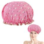 Double Layer Shower Cap for Women, Elastic Band Reusable Shower Cap for Hair, Waterproof Plastic Shower Cap with Ruffles Covering Ears, Suitable for Long, Short and Curly Hair (Pink Bird)