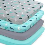 Pack and Play Fitted Sheet, Stretchy Playpen Sheet Fitted| Mini Crib Sheets 4-Pack, Pack and Play Sheet Fitted for Standard Pack and Play, Soft and Breathable Material, Dinosaurs & Ocean