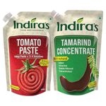 Indira's Cooking Paste Combo: Tomato Paste 450 grams and Tamarind Concentrate 400 grams. 100% Natural, No Preservatives, No Additives. Add Rich Natural Flavour to All Your Dishes with Ease