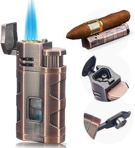 Torch Lighter Triple Jet Flame Refillable Butane Cigar Lighter Windproof Lighter with Cigar Punch Rest Holder - Butane Not Included (Red Copper)