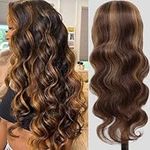 Headband Wig Body Wave 22 inches P4/27# Glueless Wig Ombre Wig Dark Brown to Honey Blonde Heat Resistant Synthetic Wigs for Women Curly Wave High Density Full Ends Black Wig