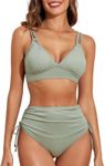 Bsubseach Womens Two Piece Bikini High Waisted Swimsuit Tummy Control Solid Color Bathing Suits Green M