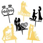 6Pcs Wedding Cake Toppers, Mr & Mrs Cake Topper Acrylic Cupcake Decorations Bride and Groom Wedding Silhouette with Diamond Ring and Flowers for Wedding Engagement Valentine Anniversaries Hen Party