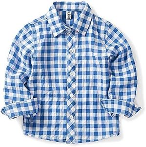 OCHENTA Boys Plaid Button Down Shirts Long Sleeve Roll Up Cotton Spring Fall Shirt Casual Tops Blue 120-4T