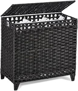 Laundry Hamper with 3 Removable Liner Bags; 132L Handwoven Rattan Laundry Basket with Lid & Heightened Feet; Clothes Hamper with Side Handles; Laundry Sorter with 3 Separate Sections (Black)