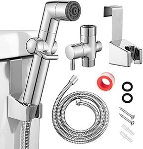 JONKEAN Muslim Shower, Water Pressure Control Toilet Bidet Sprayer, Multi-Function Diaper Sprayer for Toilet, Hand Held Bidet Set Sprayer with Hose, Bracket and T-Valve (Chrome)