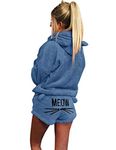 Poplover Womens Cute Fleece Pajamas Suit Hooded Sleepwear Meow Shorts Set Dark Blue X-Large