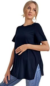 OYOANGLE Women's Split Hem Maternity Shirts Short Sleeve Tunic Tops Tee Casual Pregnancy Clothes Navy M
