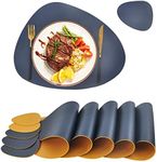 Faux Leather Placemats and Coaster Sets of 6 Round - Washable Non-Slip PU Table Mat Wipeable Hot Resistant Place Mats for Kitchen Table (Blue-Yellow, 6)