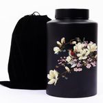 Ruccit Urn for Ashes Adult Large Black Memorial Decorative Cremation Ashes Urn Magnolia Bird Pattern Funerary Coffins Urn for Human Pet Dog Cat Ashes with Black Velvet Bag