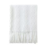 BOURINA Textured Solid Soft Sofa Throw Couch Cover Knitted Decorative Blanket, White, 127x152cm