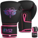 EVO Fitness Ladies Matte Pink Boxing Gloves Punch Bag Women MMA Muay Thai Martial Arts Kick Boxing Girls Sparring Training Fighting Gloves With Hand Wraps (Pink, 14 OZ)