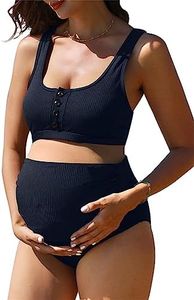 Summer Mae Maternity Ribbed High Waist Swimsuit Crop Top Bikini Bathing Suit High Cut Two Piece Pregnancy Swimwear, Navy, Large