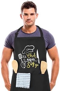 FRIUSATE Delantales de Cocina Hombre Mujer Ajustable Delantales de Cocina con Bolsillo Impermeables Aprons Negro Delantal para Papá, Esposo, Abuelo, Novio