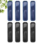 BEWOS 8 Sets Travel Cutlery Set with Case, Reusable Plastic Cutlery Set for 8 People, Portable Camping Cutlery Set Including Knife Spoon Fork for Travel Picnic Camp or Daily Use (Dark Blue and Black)