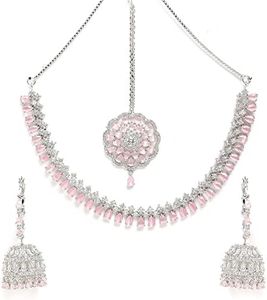 Zeneme Jewellery Sparkling American Diamond Collar Necklace with Designer Jhumka/Jhumki Earrings Maang Tikka for Women and Girls…, Standard, Gemstone, Cubic Zirconia