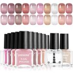 JODSONE Fast Drying Jelly Nail Polish Sets-10 Color Nail Varnish with Base & Top Coat, Quick Dry High Gloss, Non-Gel Translucent Milky White Nude Pink Shades for Gift Giving