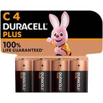 Duracell Plus C Batteries (4 Pack) - Alkaline 1.5V - 100% Life Guaranteed - Reliability For Everyday Devices - 0% Plastic Packaging - 10 Year Storage - MN1400