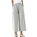 AMhomely Wide Legs Trousers for Women with Pocket High Waist Casual Pants Loose Fit Cotton Linen Trousers Loose Fit Straight Legs Pants Elegant Office Work Trousers Ladies Plus Size Trousers Grey 4XL