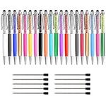 PUDSIRN 20Pcs Crystals Capacitive Touch Screen Stylus, 2-in-1 Rhinestones Retractable Ballpoint Pen with 10Pcs Replacement Refills for iPhone, iPad, Note and School Office Supplies (Black Ink)