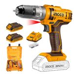 INGCO 54Pcs Impact Drill Machine Kit,20V Lithium-Ion Impact Drill Machine,Auto-Lock Keyless Chuck,Spindle Lock Function,45Nm,18+1+1,Hammer Drill Kit With 2*2.0Ah Batteries,1 Fast Charger, 3 drill bits