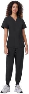 ANGEL GUARD Scrubs for Women Set - 13 Pockets, Water-Resistant Thick Fabric, V-Neck Top & Jogger Pants Medical Uniform, Black, Small