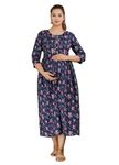 HRK VENOM Women's Pure Cotton Printed Maternity Maxi Gown/Maternity Wear/Feeding Gown A-Line Maternity Feeding Dress Maternity Kurti Gown For Women Navy Blue