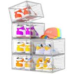 Thicken & Sturdy Clear Shoe Storage Organizer with Magnetic Door, Stackable Boxes for Closet, Foldable Space-Saving Shoe Rack for Sneaker Boot Container, Plastic Shoe Cabinet Shoe Box 6 Pack, White