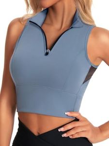 AARYA Cropped Workout Tank Tops for Women Built in Bra Half Zip High Neck Sports Bras Medium Support Sleeveless Athletic Top Dusty Blue L