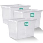 KLASS 80L Storage Boxes With Lids Set of 3, Clear Large Plastic Storage Box With Lid, Strong & BPA Free Stackable Storage Boxes, Multipurpose Storage Boxes For Home, Office (80Litre / 3Pack)