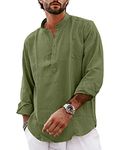 YAOBAOLE Grandad Collar Shirts for Men Henley V Neck Button Up Men Shirt Band Collar Shirts Army Green M