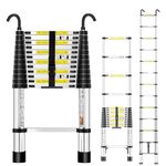 Rewing Telescopic Ladder Extendable Ladder 3.5M/11.48FT Stainless Steel Thickened High-Ladders extendable with Stabilizer Bar and Detachable Hooks, Multi Purpose Extendable for Roof Caravans Attic