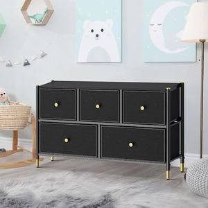 Luxsuite Chest of 5 Drawers Clothes Storage Cabinet Dresser Organizer Unit Steel Frame Living Room Bedroom Furniture Black