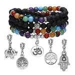 Jovivi 6mm Mala Beads 108/Lava Rock 7 Chakra Tree of Life/Hamsa/OM/Lotus/Elephant Charm Healing Crystal Bracelet Necklace, 6.2 inches, Stone