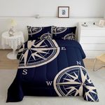 Navy Blue Compass Comforter Set Queen Size 3 Pcs Sailing Nautical Theme Simple Style Bedding Set for Kids Teens Adults Retro Geometric Circles Plaid Quilted Comforter with 2 Pillowcases