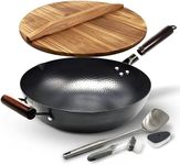 HOME EC Carbon Steel Wok Pan With Lid, Stir Fry Wok Set, Steel Spatula, and Cleaning Brush - Non-Stick Big 12.75in Flat Bottom Chinese woks & stir-fry pans