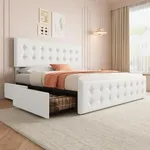 IDEALHOUSE King Size Bed Frame with 4 Storage Drawers and Headboard, Faux Leather Upholstered Platform Bed Frame with Wooden Slats Support, Button Tufted Design, No Box Spring Needed, Beige