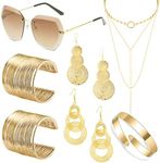 SAMOCO 9Pcs 70s Disco Accessories Costume Jewelry Set for Women Rimless Diamond Cutting Sunglasses Wire Metal Coil Bracelets Layered Choker Necklace Triple Swirl Disco Earrings Jewelry Set, Zinc, No