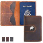 Leather Passport Holder with Airtag Slot - International Travel Must-Have - Top Grain Real Leather Passport Holder Wallet Cover Case for Men & Women - Airport Essentials Leather Passport Cover, Camel,