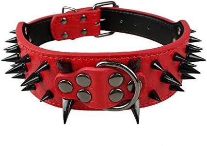 Berry Pet Sharp Spiked Studded Dog Collar - Stylish Leather Dog Collars - 2 Inch in Width Fit for Medium & Large Dogs - Such as Pitbull Mastiff - Black Rivets & Red Leather,15-18"